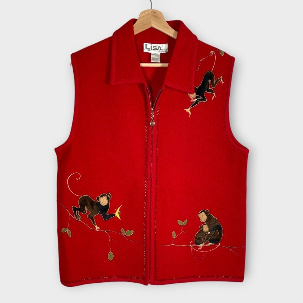 Lisa International 100% Boiled Wool Vest 1X Red Monkey Theme EUC